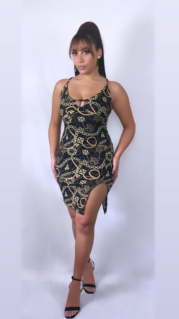 Short Gold/Black print slit dress