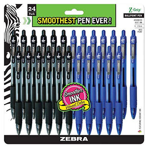 ZEBRA PENS, bulk pack of 24 ink pens, Z-Grip Retractable ballpoint pens Medium point 1.0 mm, 12 black pens & 12 Blue pens combo pack