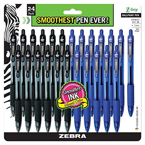 ZEBRA PENS, bulk pack of 24 ink pens, Z-Grip Retractable ballpoint pens Medium point 1.0 mm, 12 black pens & 12 Blue pens combo pack